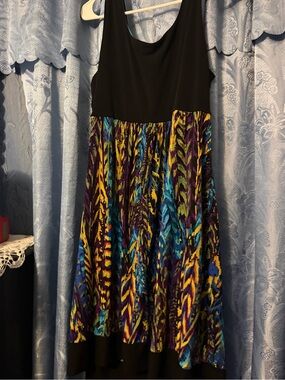 Ronni Nicole Black Bodice Dress with Blue, Purple & Yellow Patterned Skirt